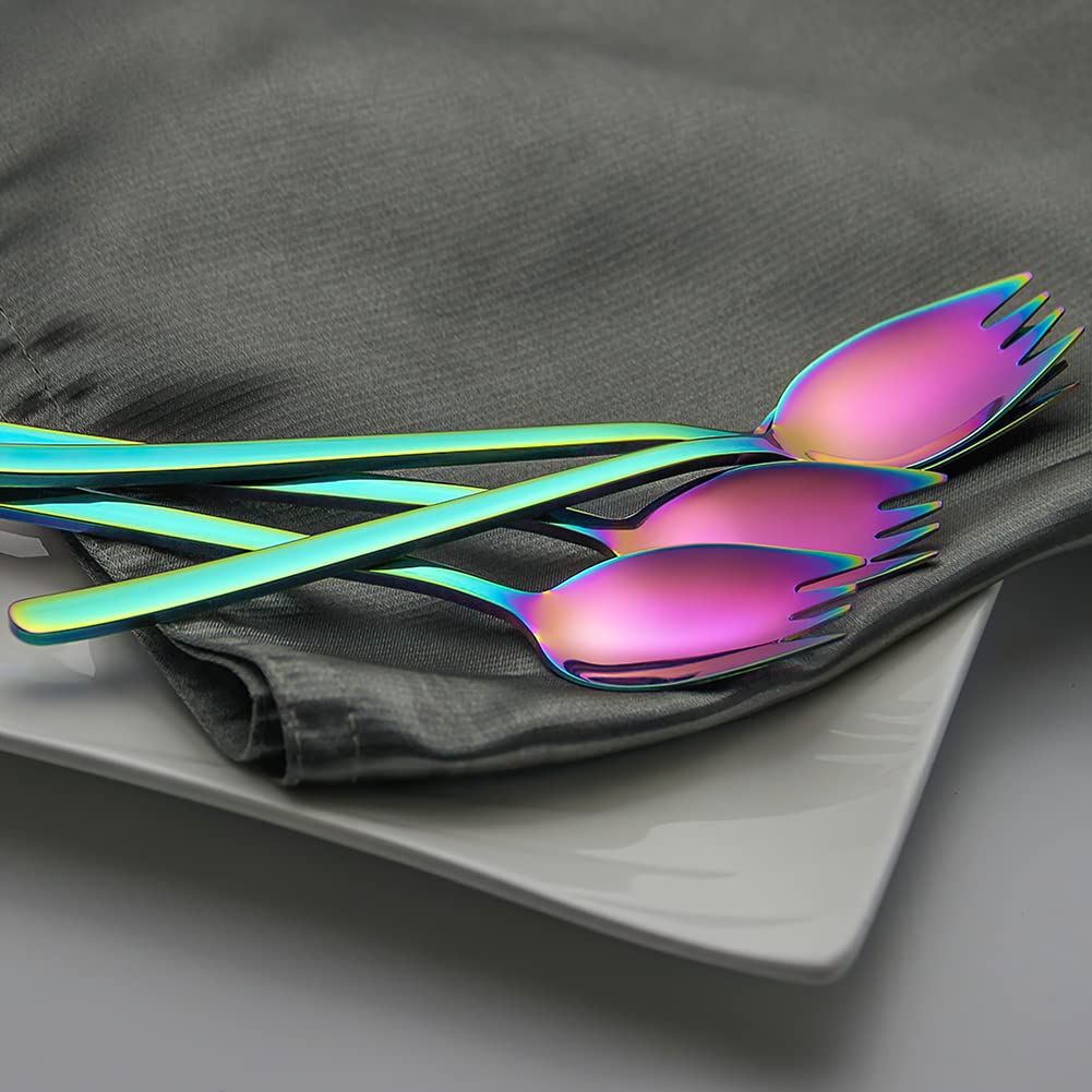 Yfwood Sporks, 4-Pack 18/10 Stainless Steel Sporks 7.4 Inches Long Handle Dessert Spoons Ice Cream Spoons Salad Forks Flatware S